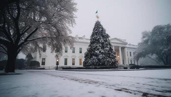 Illuminated Christmas tree in snowy city landscape generated by AI photo