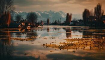 Tranquil scene, reflection on pond, back lit generated by AI photo