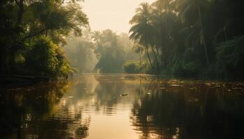 Tranquil sunset over tropical rainforest and pond generated by AI photo