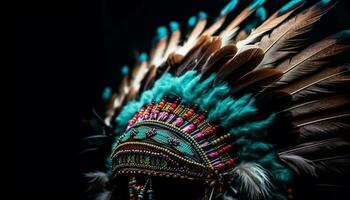 Indigenous elegance ornate headdress, vibrant peacock feathers generated by AI photo