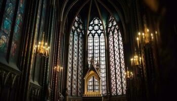 Stained glass illuminates majestic gothic basilica interior generated by AI photo