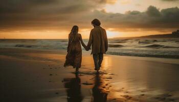 Heterosexual couple walking on beach, holding hands generated by AI photo