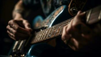 Caucasian guitarist plucking acoustic guitar strings close up generated by AI photo