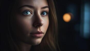 hermosa mujer curioso al aire libre, elegancia en contemplación generado por ai foto