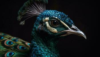 Majestic peacock displays vibrant multi colored feather pattern generated by AI photo