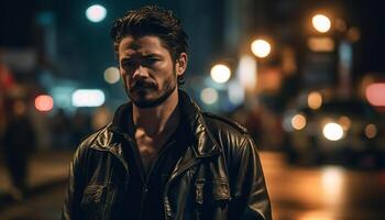 Young man in leather jacket enjoys nightlife generated by AI photo