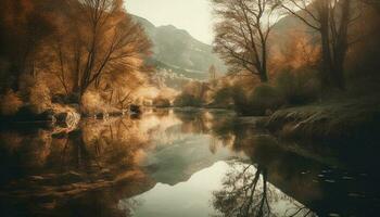 Tranquil autumn forest reflects beauty in nature generated by AI photo