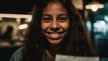 uno joven mujer sonriente, mirando a cámara generado por ai foto