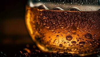 Frothy gold liquid drops in beer glass generated by AI photo