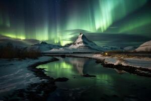 Aurora landscape with northern lights, generative ai photo