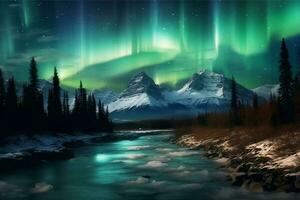 Aurora landscape with northern lights, generative ai photo