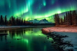 Aurora landscape with northern lights, generative ai photo