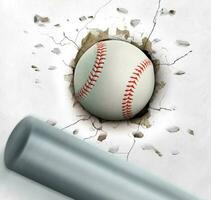 A baseball bat hits the ball through the cement wall. concept of strength photo