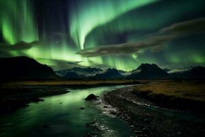 Aurora landscape with northern lights, generative ai photo