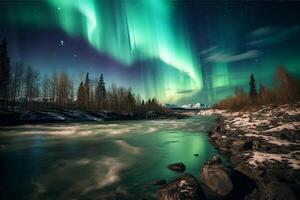 Aurora landscape with northern lights, generative ai photo