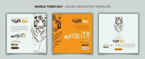 Set of social media post template with walking tiger in hand drawn design for tiger day campaign vector