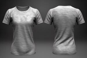 Grey female t-shirt realistic mockup set from front and back view, blank textile print design template for fashion apparel. photo