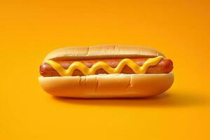 Hot dog with mustard and ketchup isolated on a yellow background. AI Generated photo