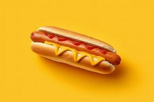 caliente perro con mostaza y salsa de tomate aislado en un amarillo antecedentes. ai generado foto