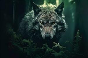 un mágico hada cuento bosque con un lobo. un mítico reino es me gusta alguna cosa fuera de un libro de cuentos ai generado foto