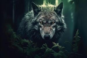 A magical fairy tale forest with a wolf. A mythical realm is like something out of a storybook. photo