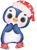 Cute happy mischievous Penguin skating watercolor hand painting cartoon animal character png