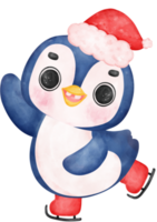 fofa feliz pernicioso pinguim patinação aguarela mão pintura desenho animado animal personagem png