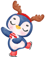 fofa feliz pernicioso pinguim patinação aguarela mão pintura desenho animado animal personagem png