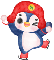 Cute happy mischievous Penguin skating watercolor hand painting cartoon animal character png