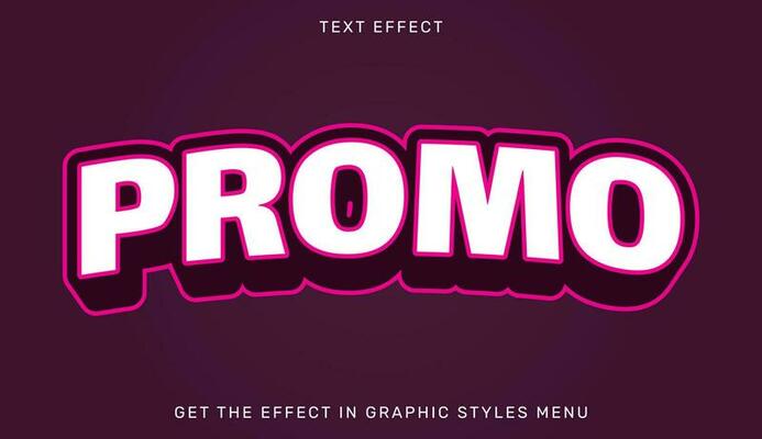 Promo editable text effect in 3d style with pink and white color isolated on dark background. Suitable for brand or business logo