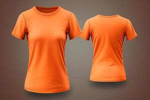Orange female t-shirt realistic mockup set from front and back view, blank textile print design template for fashion apparel. photo