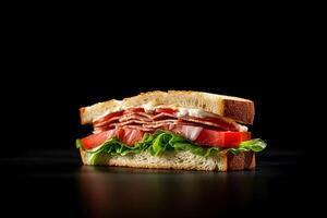 Fresh delicious sandwich isolated on dark background. AI Generated photo