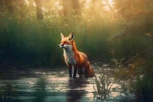 A magical fairy tale forest with a fox. A mythical realm is like something out of a storybook. photo