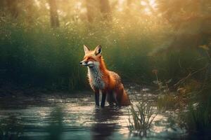 A magical fairy tale forest with a fox. A mythical realm is like something out of a storybook. AI Generated photo