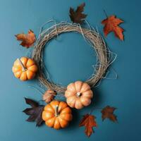 Round frame made of dry grass, pumpkins, fall leaves with empty sheet inside it on blue background. photo