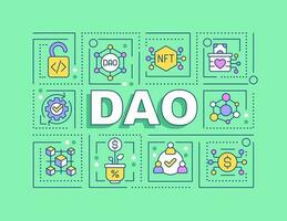 DAO word concepts green banner. Decentralized autonomous organizations. Infographics with editable icons on color background. Isolated typography. Vector illustration with text