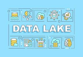 Data lake word concepts blue banner. Digital storage. Analytics. Infographics with editable icons on color background. Isolated typography. Vector illustration with text