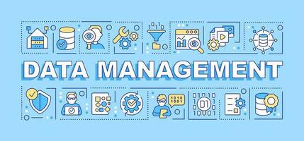 Data management word concepts blue banner. Business intelligence. Infographics with editable icons on color background. Isolated typography. Vector illustration with text