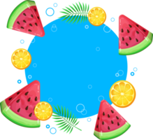 Summer sticker design with circle for text and watermelon, lemon, orange, green leaves png. Illustration isolated on transparent background. png
