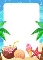 Abstract summer frame with tropical palm, cocktail, ice cream png. Beach theme. Vertical template, transparent place for text. png