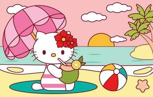 linda gatito disfrutar verano en playa vector