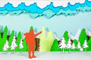 Mountain scene with hiker, on paper cut. Green nature forest landscape scenery banner background paper art cut. photo