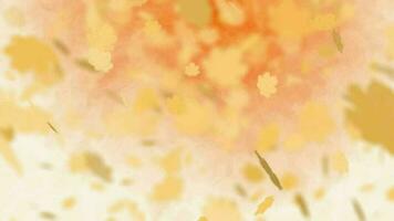 3D abstract autumn leaves animated particles on orange gradient clouds background. video