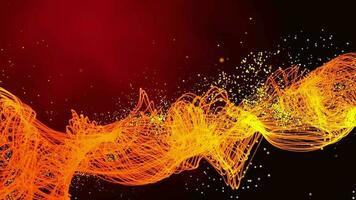 3D abstract digital technology animated gold particles on red background. video