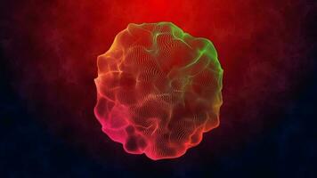 3D abstract digital technology animated multicolor light particles on red background. video