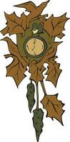 Illustration of an old clock on a branch with autumn leaves. vector