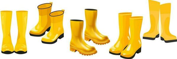 set of yellow boots, vector illustrations, shoes, yellow rubber shoes in different styles, different shapes and angles