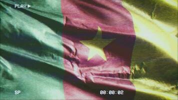 VHS video casette record Cameroon flag waving on the wind. Glitch noise with time counter recording Cameroonian banner swaying on the breeze. Seamless loop.