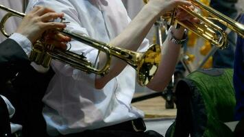 Hands close up trumpet musician, Philharmonic Orchestra concert video