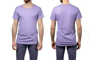 Photo realistic male purple t-shirts with copy space, front, and back view. ai generated